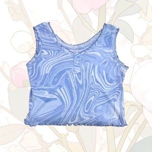 Blue Swirl vintage pattern Tank Top ruffle hem button detailing frutiger aero